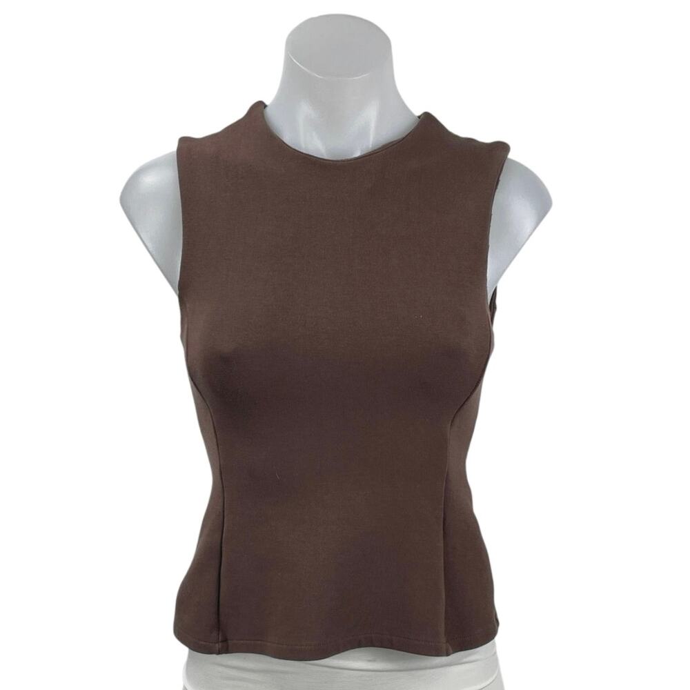 Zara Women's Brown Sleeveless Crew Neck Pleated Peplum Shirt Blouse Top Size M